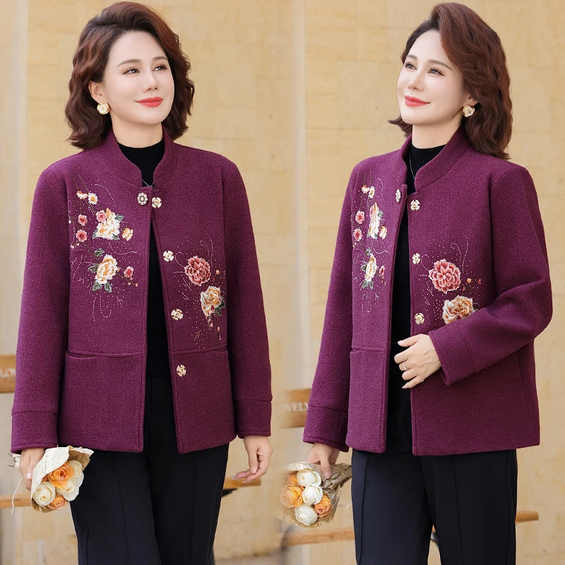 中年妈妈时尚洋气毛呢外套女2025秋装新款阔太太国风刺绣呢子大衣