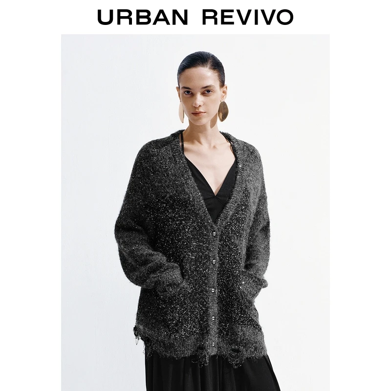 UR2025冬季新款女时髦亮片磨破V领超宽松针织开衫UWG950232