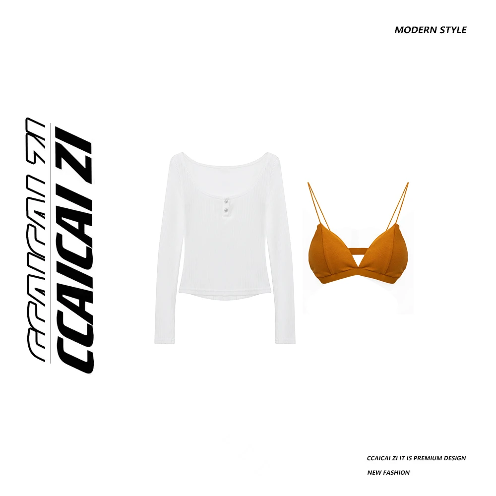 [no退no换]【日落黄昏时】美式辣妹u领长袖上衣两件套  25065