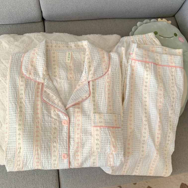 甜美碎花条纹大码睡衣女春秋季长袖云朵棉少女家居服宽松大码套装