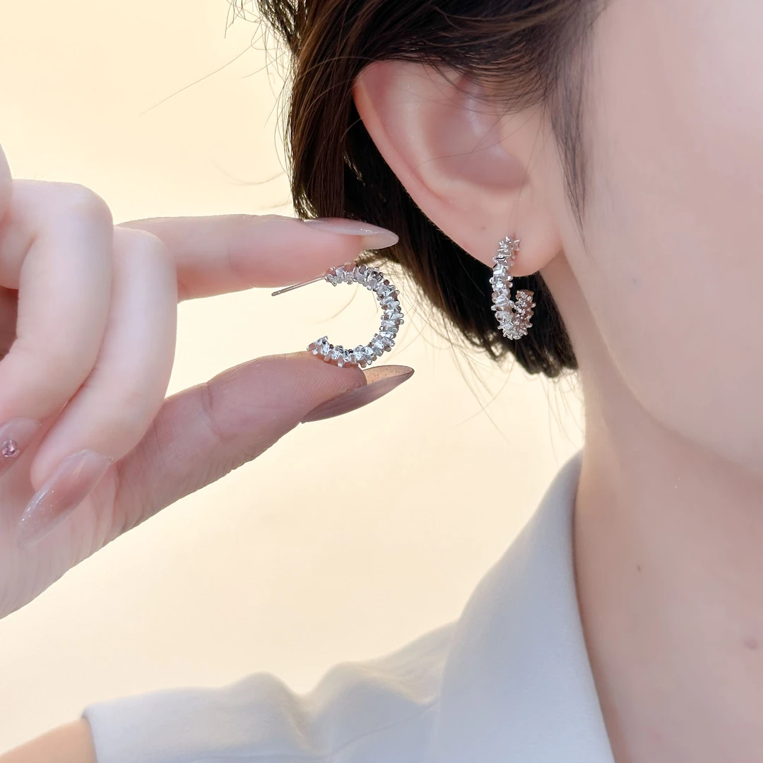 铜合金耳饰 碎银子C型耳环小众设计感冷淡风耳钉轻奢高级气质耳饰