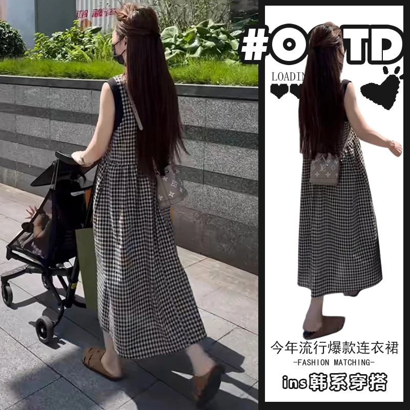 后背蝴蝶结格子无袖背心连衣裙女夏季宽松显瘦法式茶歇A字长裙子