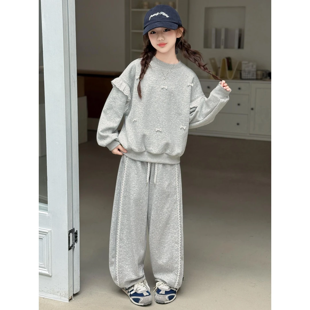 女童套装秋装2025新款儿童洋气蝴蝶结卫衣春秋女孩运动炸街两件套