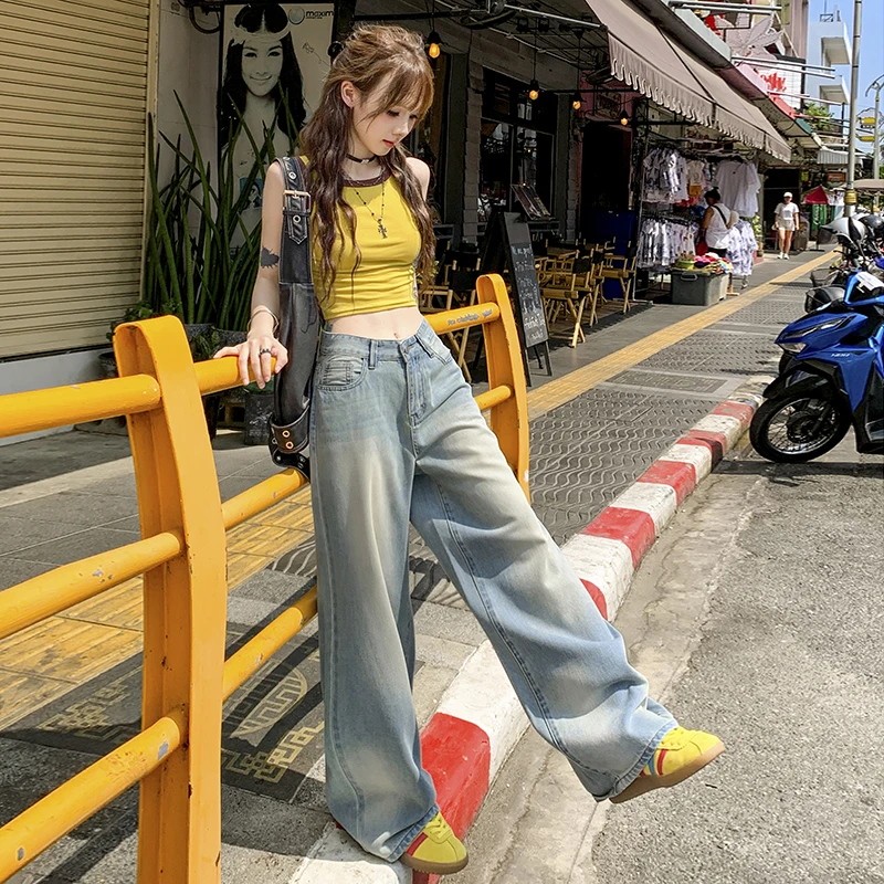 莱赛尔天丝美式复古怀旧流行宽松直筒牛仔裤女百搭显瘦休闲阔腿裤