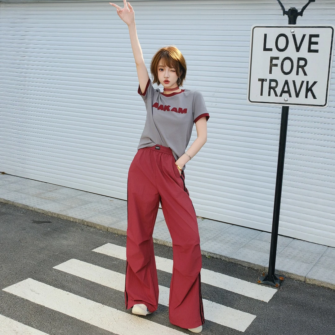 【现货】MIUCO甜酷套装复古字母短袖T+阔腿红色工装裤T9496P4712