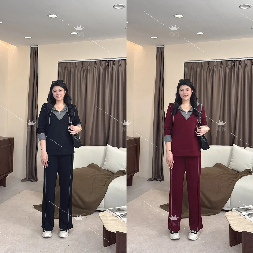 【栩栩秋款套装】PDM22486+22487秋季新款假两件大码女装长袖套装