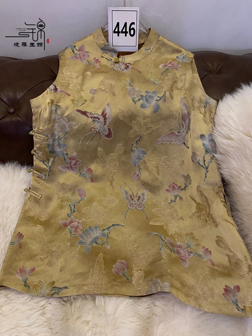 “446”奥黛复古蝴蝶提花中长款马甲