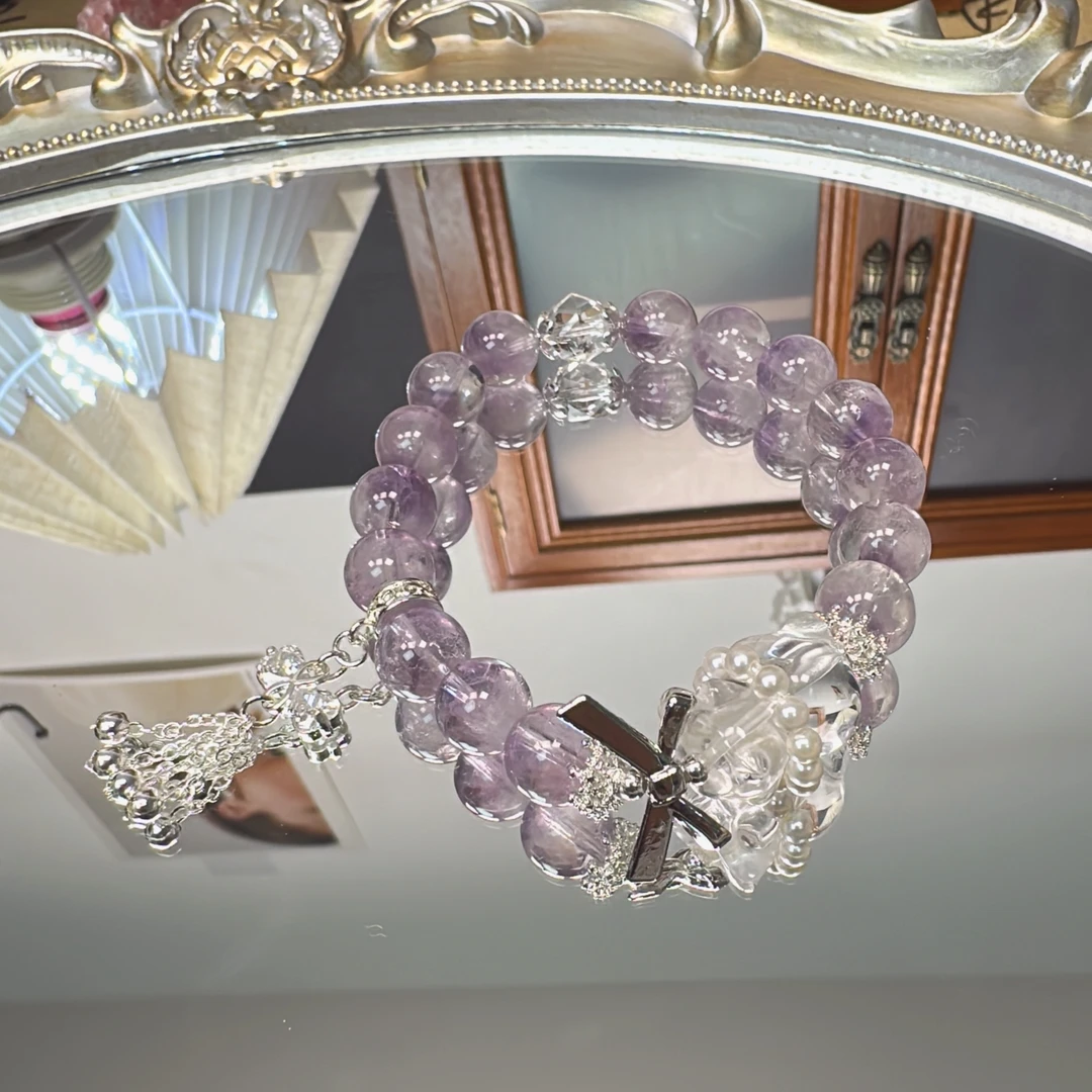 《梦幻岛》紫兔毛水晶搭配白水晶小熊手串1143 颜色微差 多样性发一