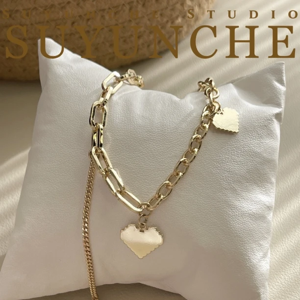 铜合金项链 Suyunche2865绿金色个性甜酷爱心百搭简约项链