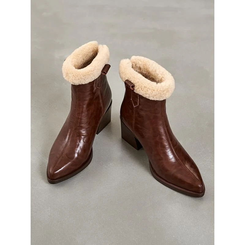 粗高跟7cm靴子女款加绒短靴女粗跟羊毛里保暖雪地靴尖头气质女靴