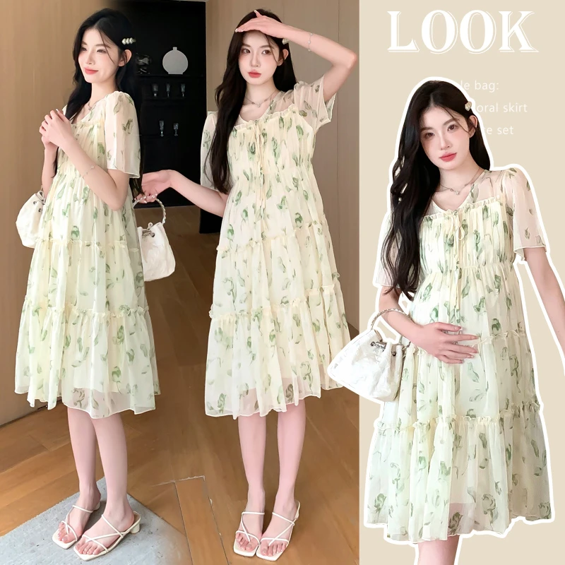 2025新款孕妇夏装雪纺孕妇连衣裙大码孕妇裙碎花显瘦时尚夏季法式