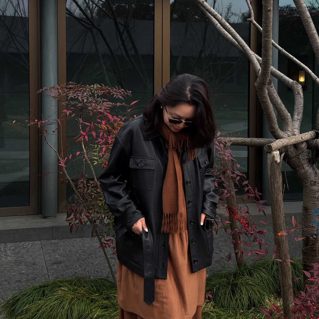 Ms.Qnn“黑金时代"进口山羊皮奢感优雅荔枝纹腰带皮衣 39C268 Q姐