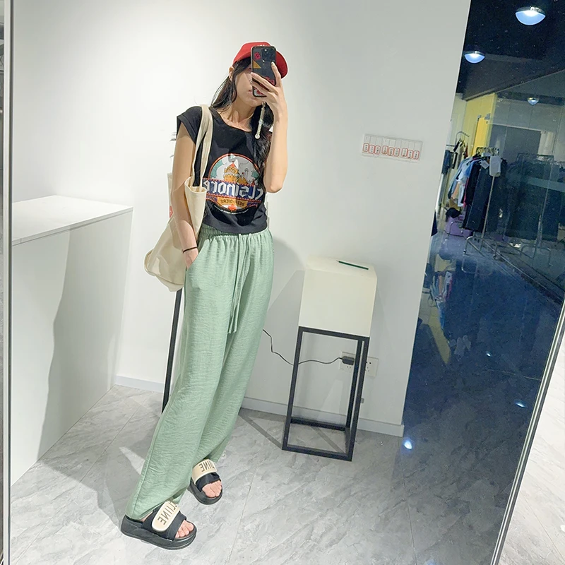 休闲阔腿裤女春夏百搭高腰显瘦乐丽丝双色麻直筒裤宽松垂感拖地26