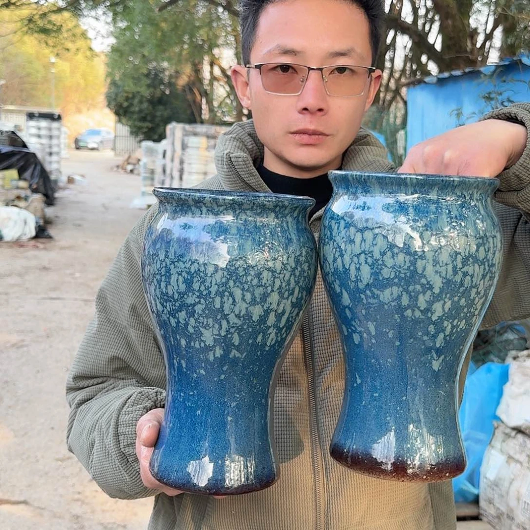 紫砂花盆口15高26（两个美人鱼雪花蓝色