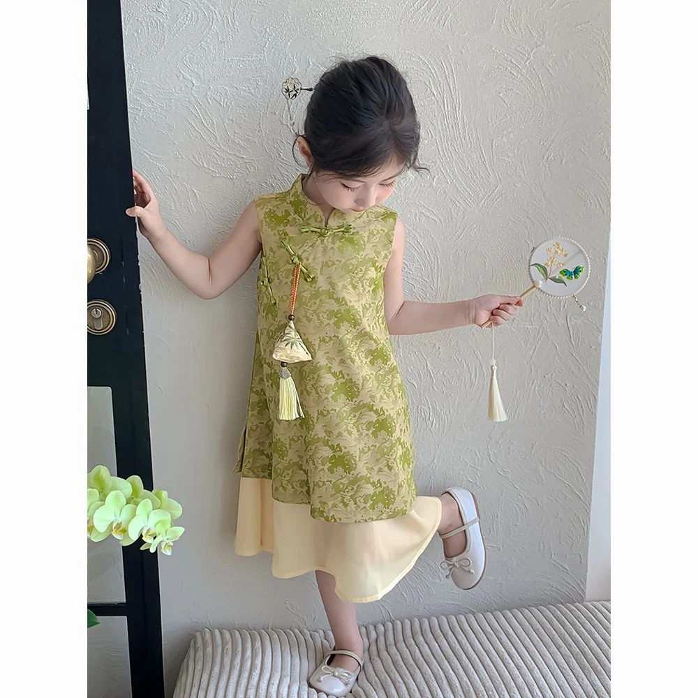 女童夏季新中式碎花国风连衣裙洋气旗袍裙女孩演出服
