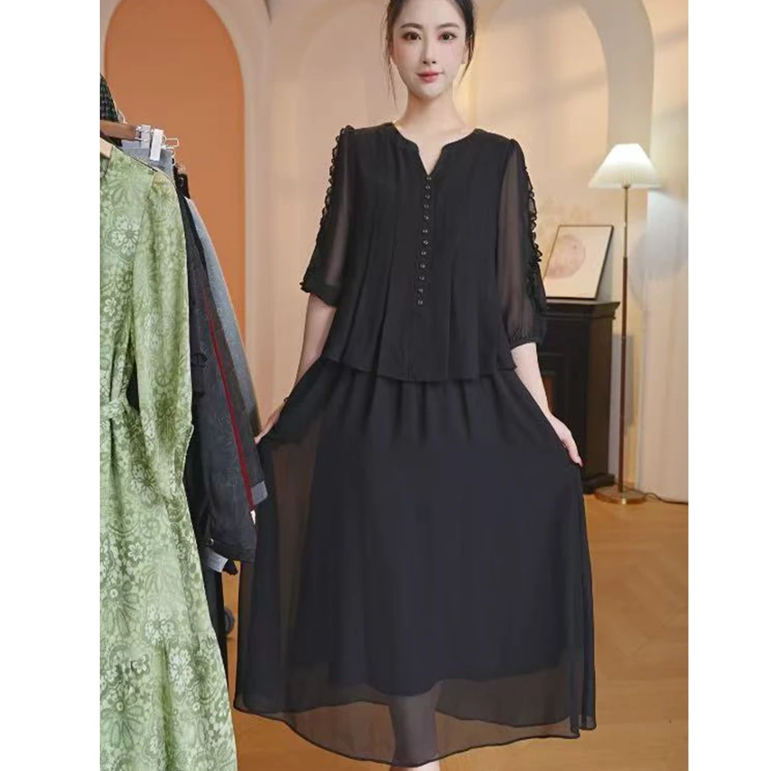 L977轻奢时尚洋气假两件连衣裙2025春季新款宽松薄款通勤裙子