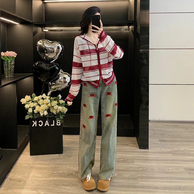 洋气时髦休闲套装女秋新款连帽条纹开衫外套牛仔宽松阔腿裤两件套