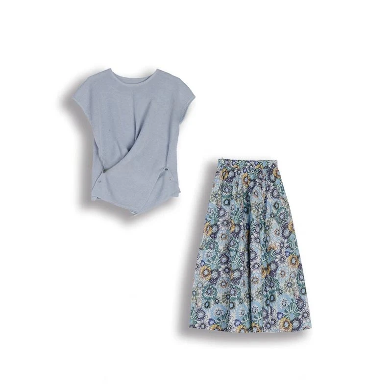 2025夏季韩式新款圆领侧扣显瘦针织衫百搭半身裙高级感小众两件套