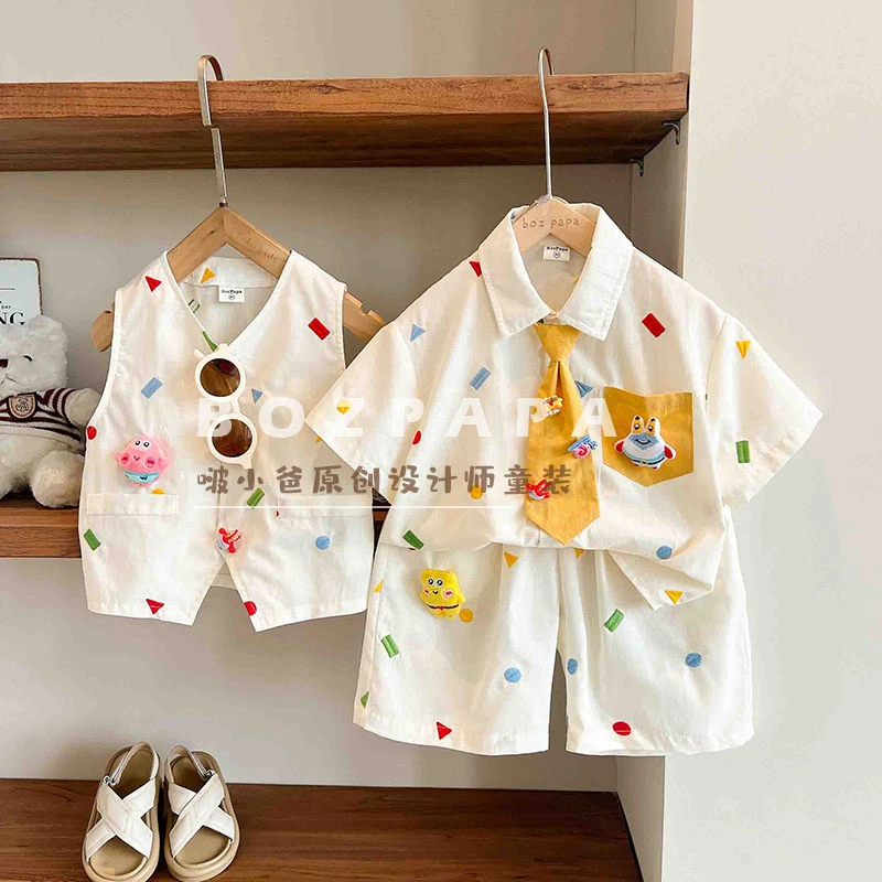 【可爱蟹堡王】韩版男宝夏款2025新款儿童女宝可爱玩偶衬衫套装