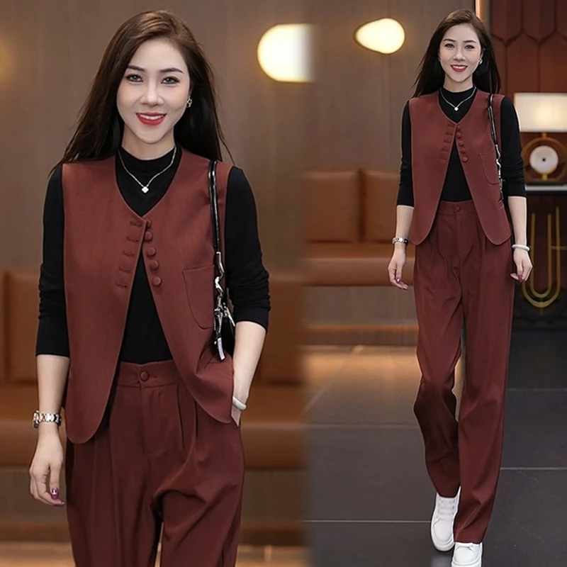 时尚休闲减龄套装女2025年春秋新款马甲长袖打底衫阔腿裤三件套潮