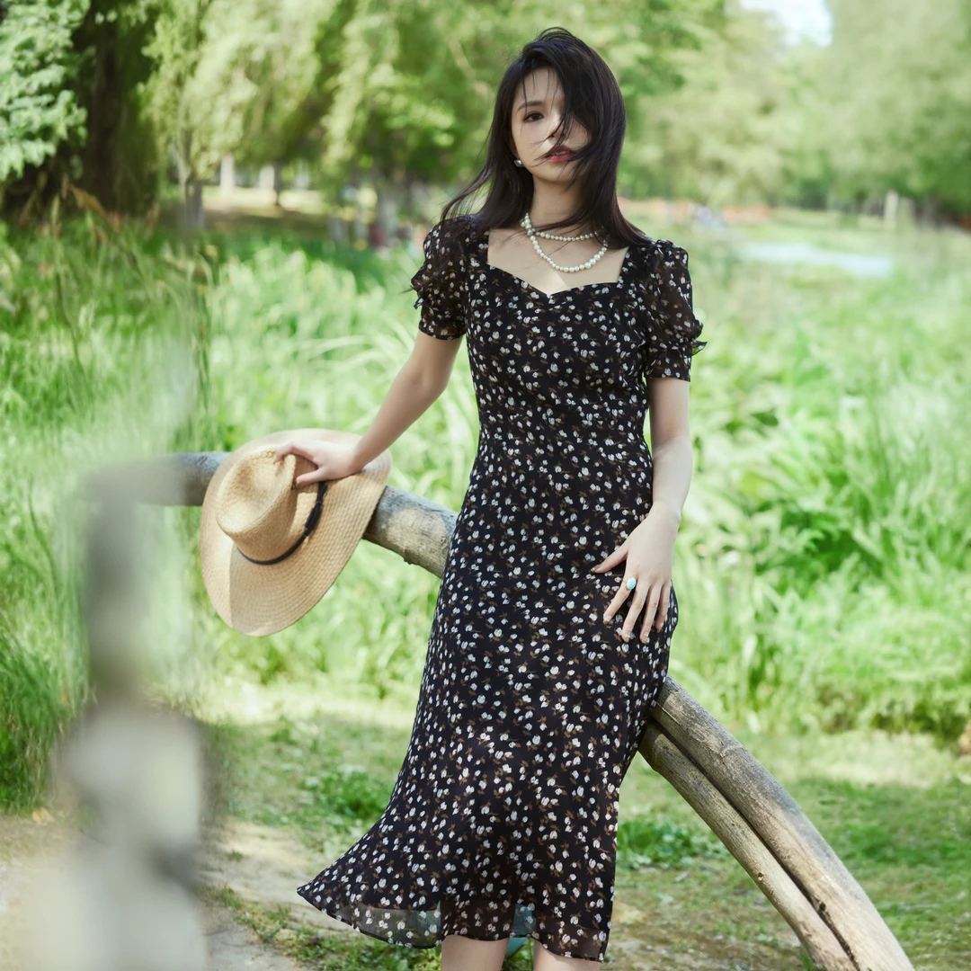 气质丝质碎花中长款赫本风连衣裙1500483-2A31211