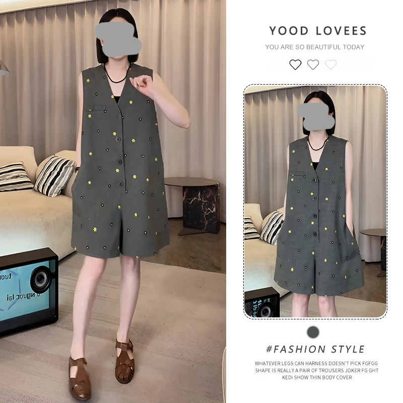 小个子俏皮减龄气质刺绣连衣裤短女夏季高腰显瘦遮屁股无袖连体裤