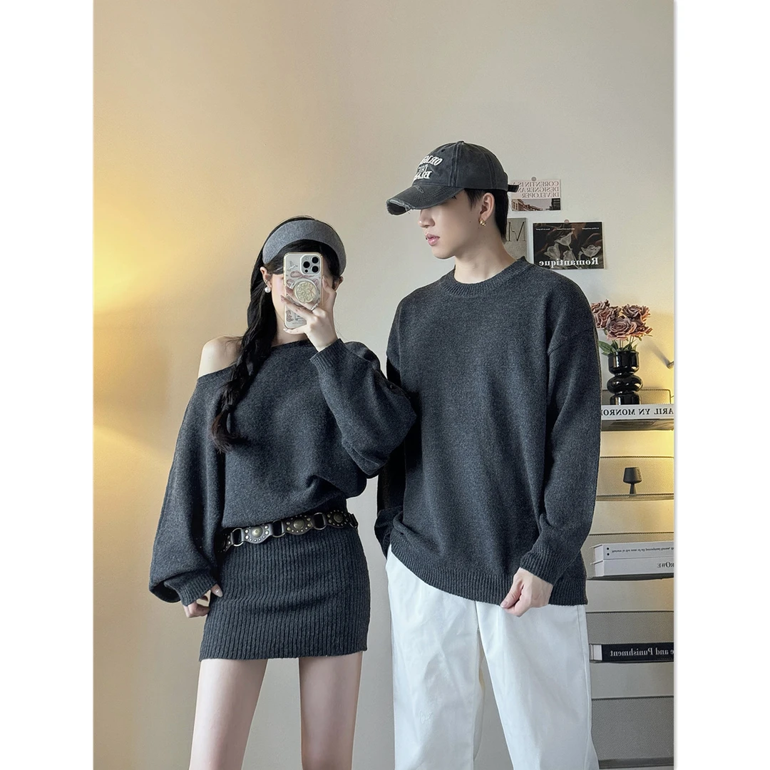 情侣装秋冬季辣妹风斜肩长袖露肩修身女连衣裙男套头时尚毛衣潮