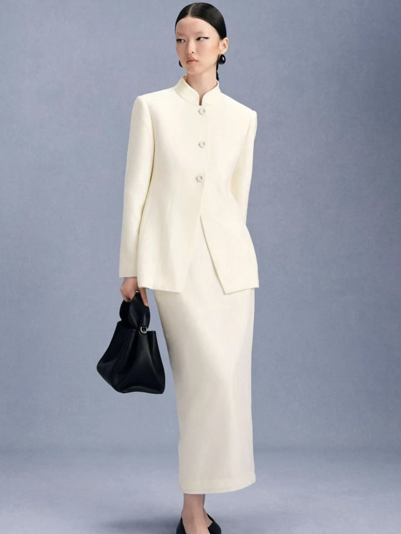 LA MAISON JADE玉琼白色蚕丝面料直筒半裙