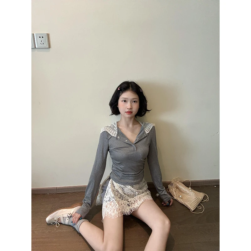 灰色蕾丝连帽气质长袖上衣独特别致小衫小个子蕾丝拼接半身裤裙女