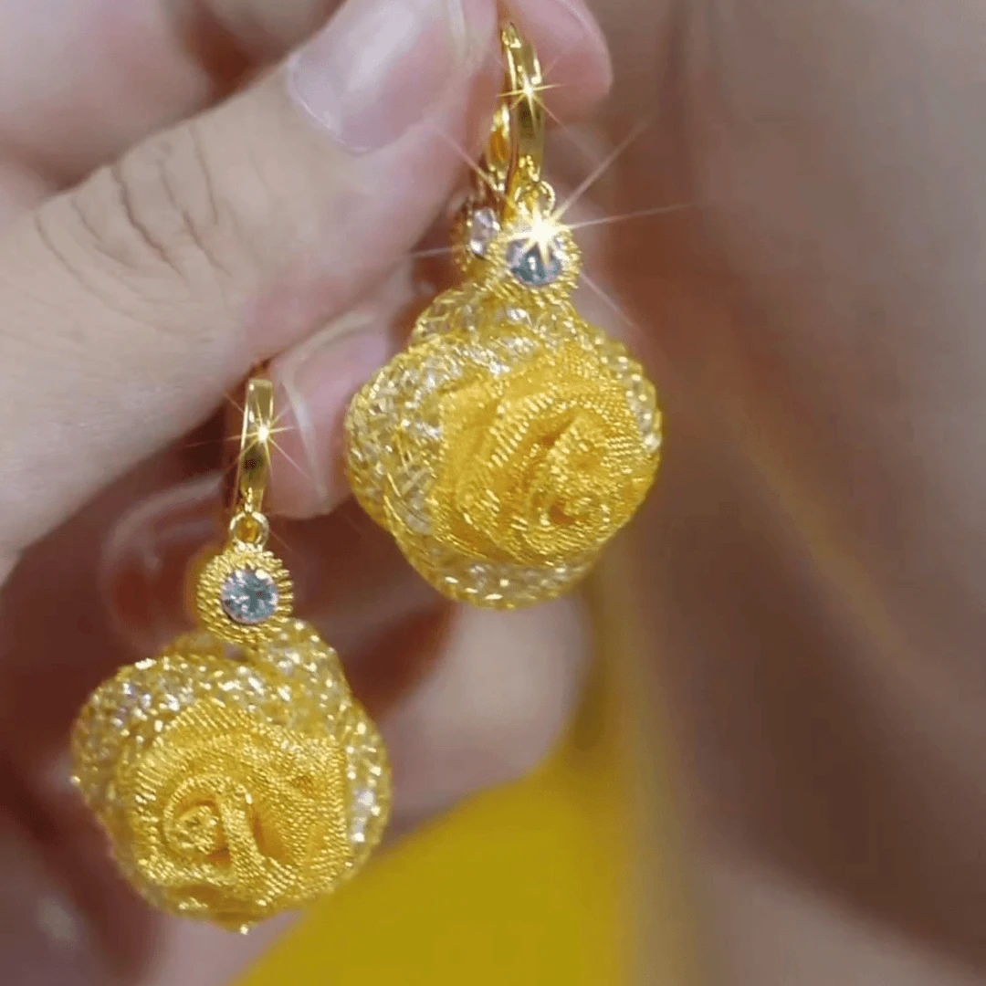 铜合金锆石耳饰 轻奢镶钻网状玫瑰花耳环女小众设计感耳饰耳扣