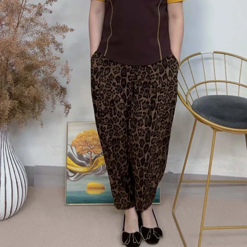 413夏季长裤微弹力休闲裤哈伦裤灯笼裤豹纹大码中老年休闲裤
