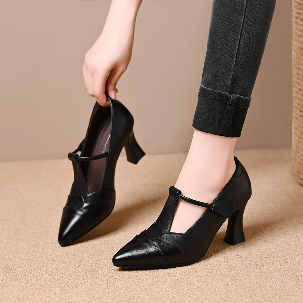 头层牛皮浅口单鞋女春秋新款尖头一字魔术贴带粗跟百搭舒适高跟鞋