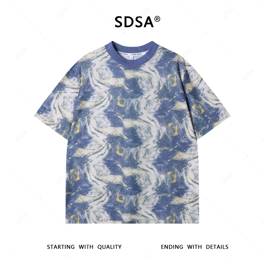 T4388夏季新款男士痞帅潮牌撞色水波纹设计圆领短袖T恤宽松休闲