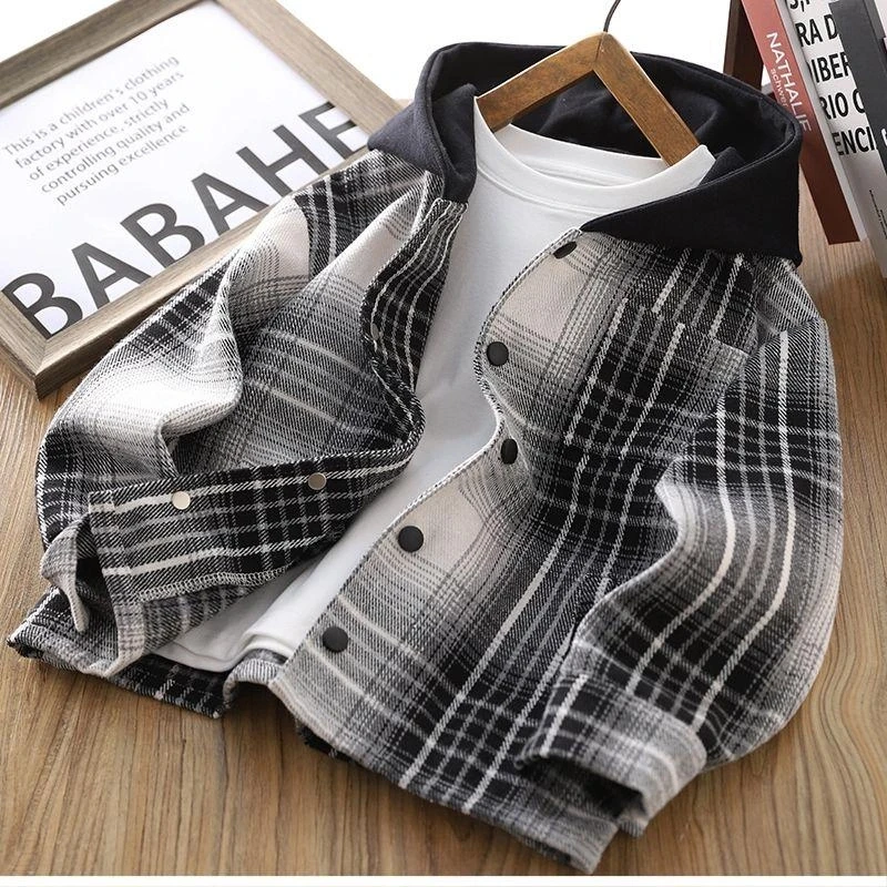 男童连帽外套春装2025新款儿童格子上衣春秋男孩时髦炸街运动服潮