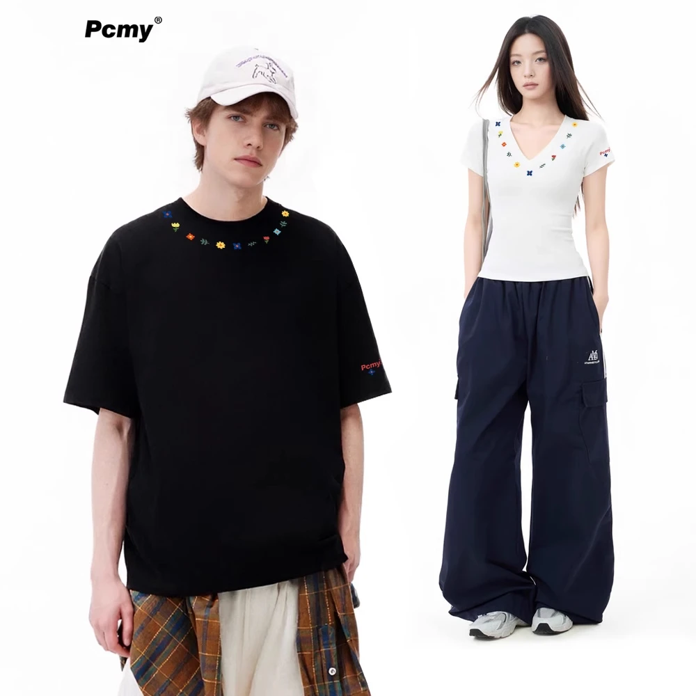 PCMY花朵领潮牌正肩短袖T恤女2025夏季新款情侣装圆领半袖V领上衣