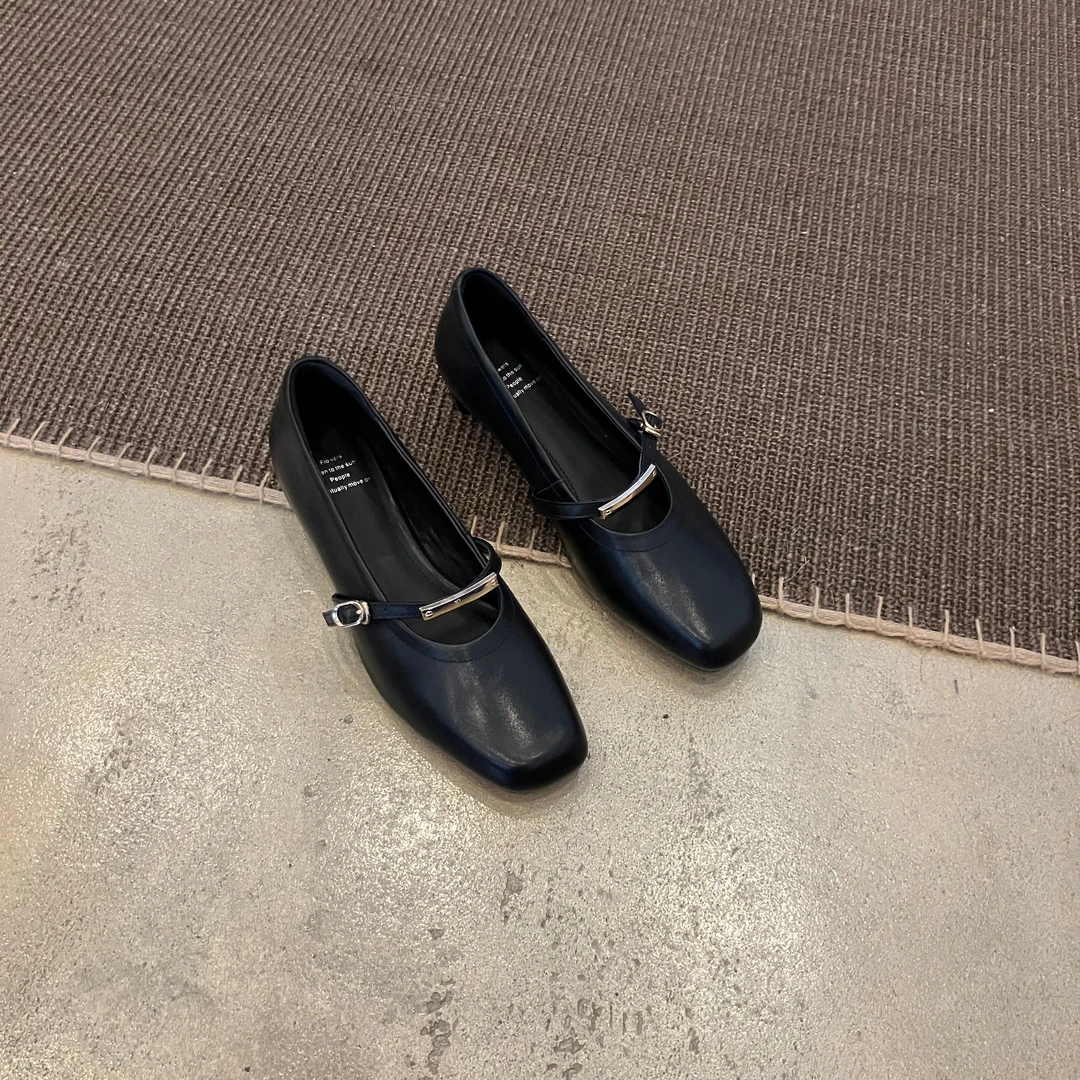 时尚百搭一字扣带玛丽珍鞋2025新款复古风粗跟休闲通勤单鞋黑色