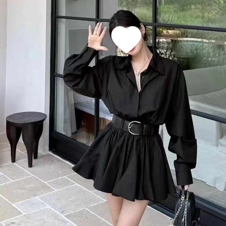 女装法式新款气质两件早秋拼接百褶腰带长袖短裙衬衫连衣裙带腰带