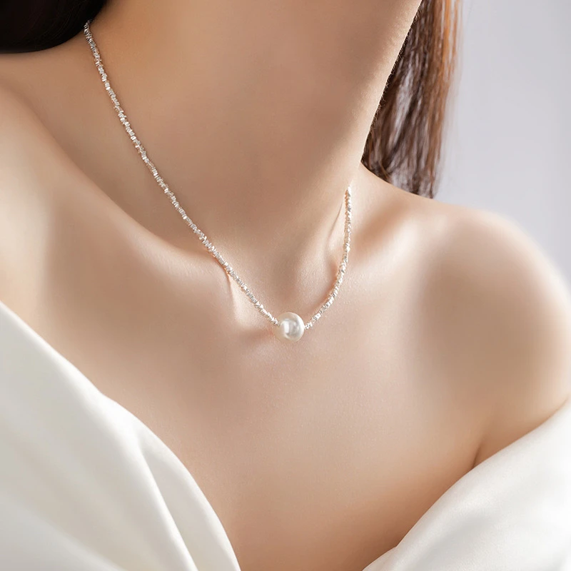 坠链均925银仿珍珠 碎银纯银925项链女小众设计轻奢珍珠几何吊坠
