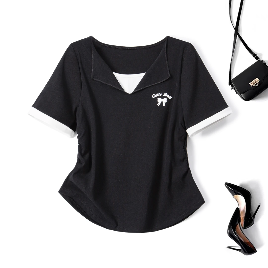 清2025夏季胖mm大码女韩系穿搭假两件短袖T恤辣妹褶皱上衣80026