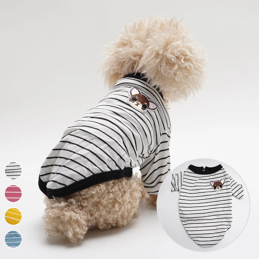 棉条纹多色新款韩版长袖刺绣约克夏猫咪吉娃娃宠物衣服开衫卫衣