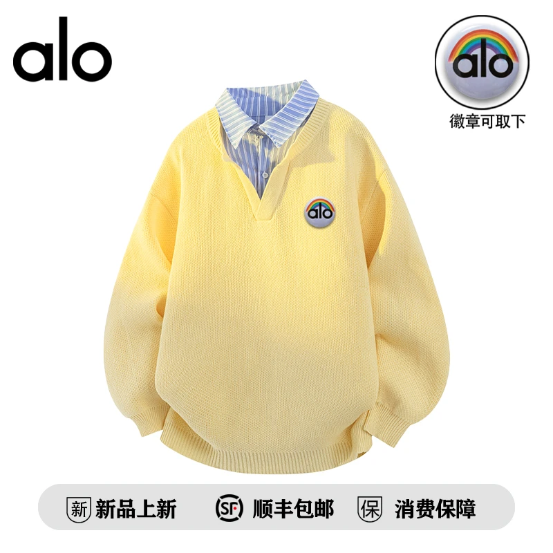 alo潮牌 2025秋冬季索洛卡设计感学院风假两件毛衣日系拼接毛衣