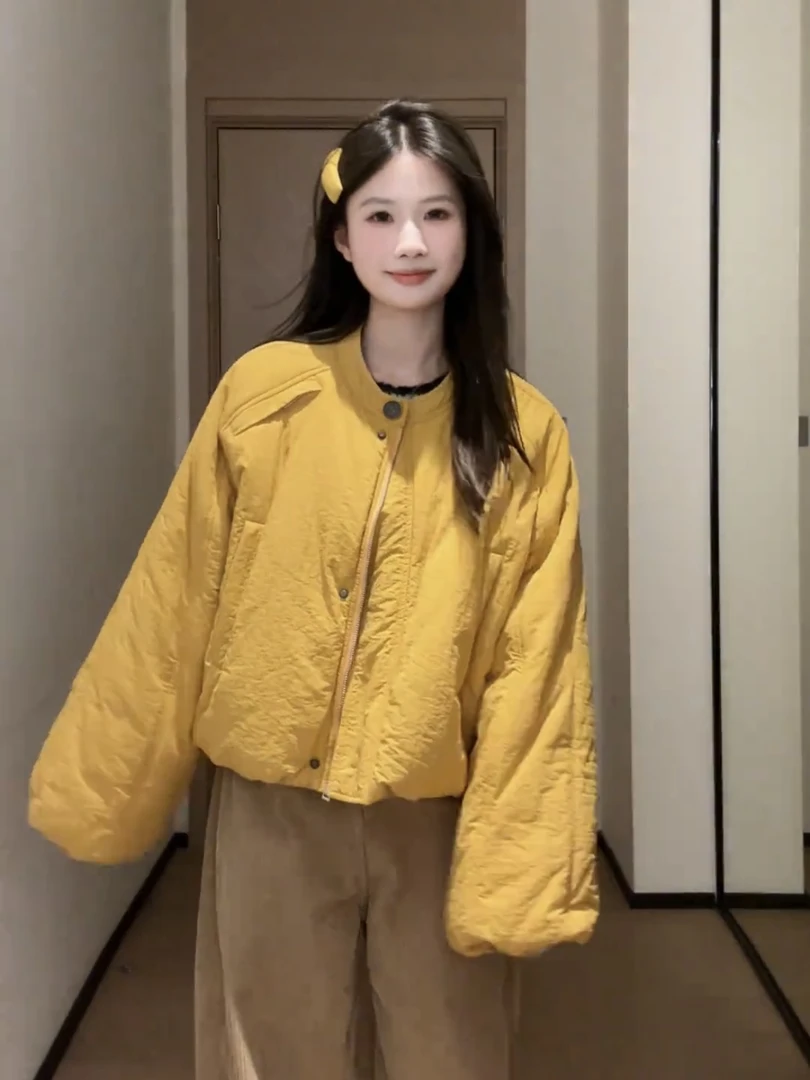 小个子圆领落肩袖短款保暖立领棉服棉衣上衣ins冬季小个子