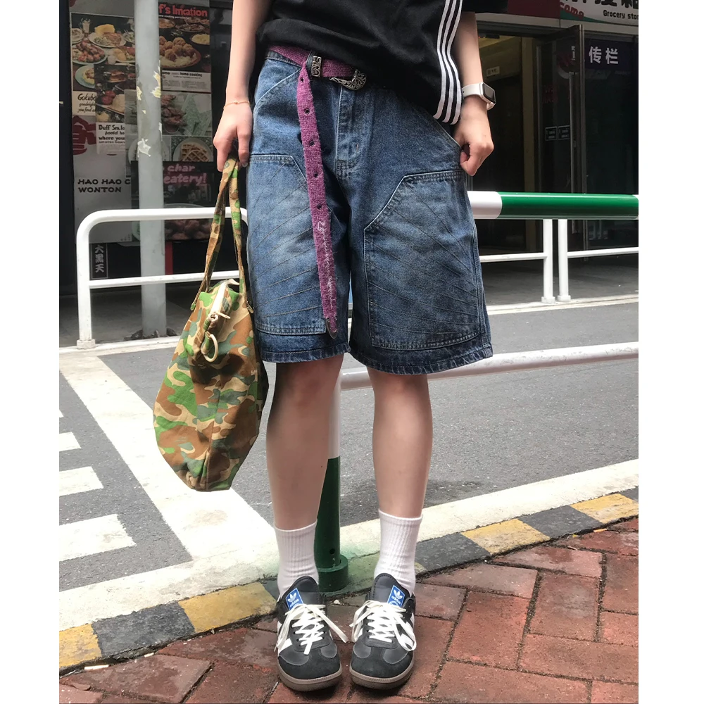 【饭困了】美式复古宽松拼接口袋百搭牛仔裤宽松休闲直筒六分裤子