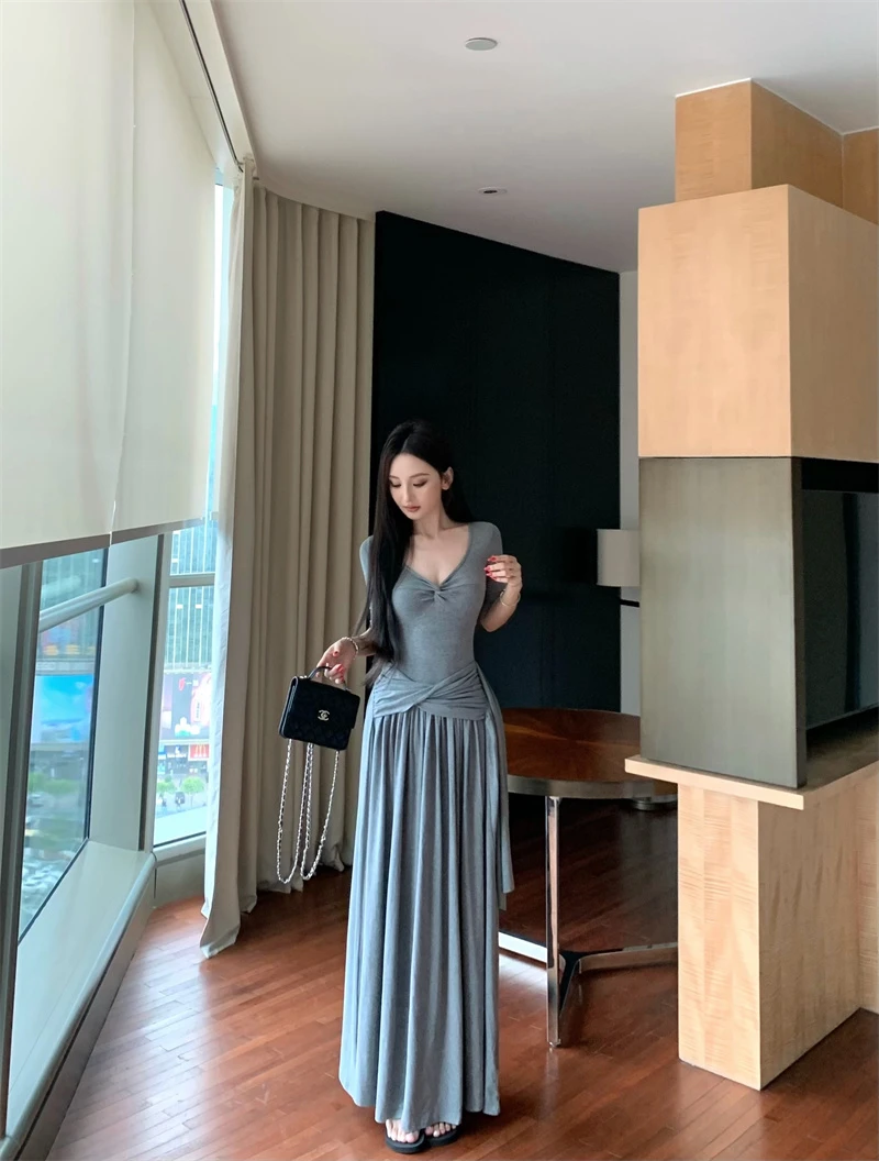 法式纯欲性感V领高级感收腰显瘦修身长裙裙子气质连衣裙#22742