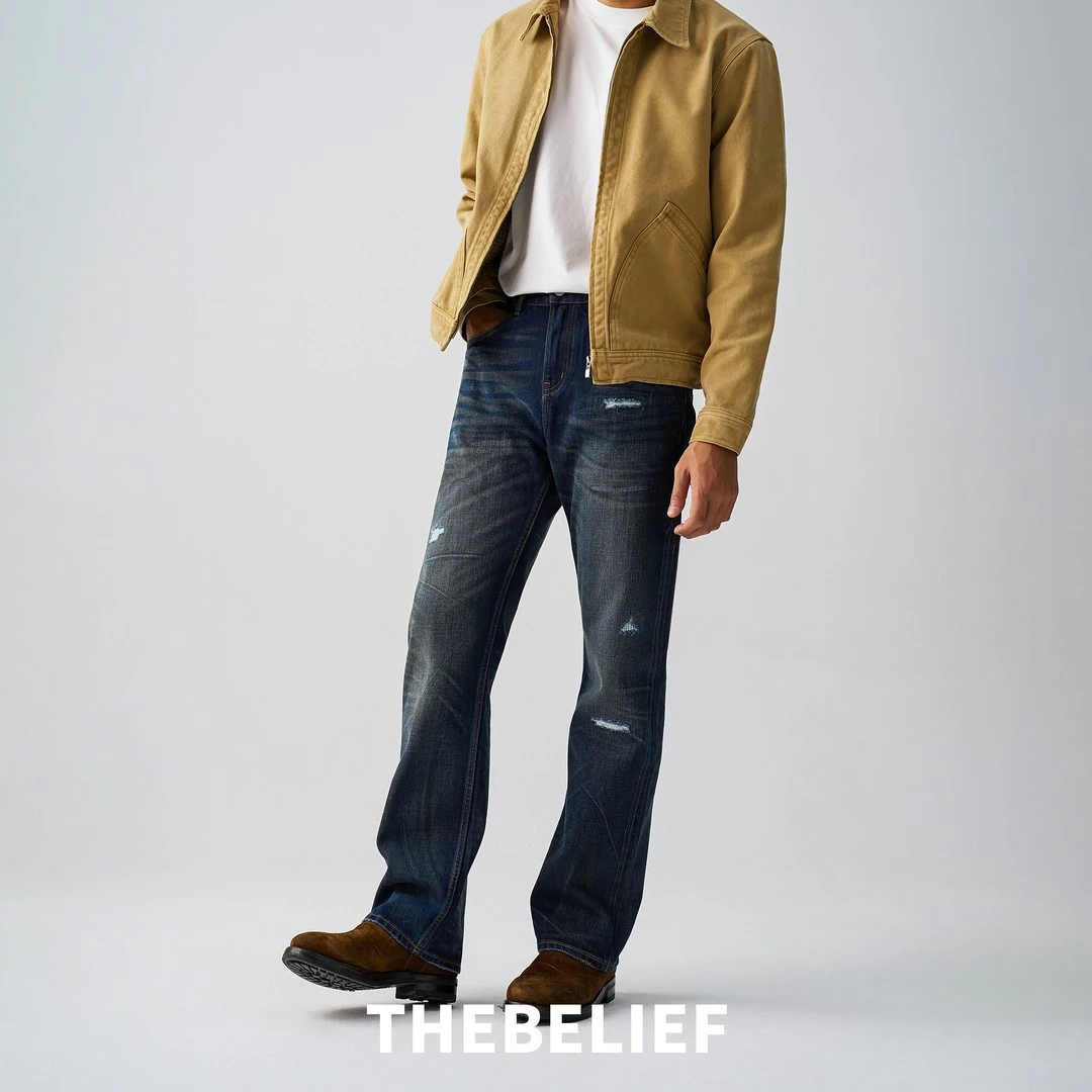 25967#赤耳丹宁秋冬复古高街重磅水洗破洞补丁靛蓝色牛仔裤男款