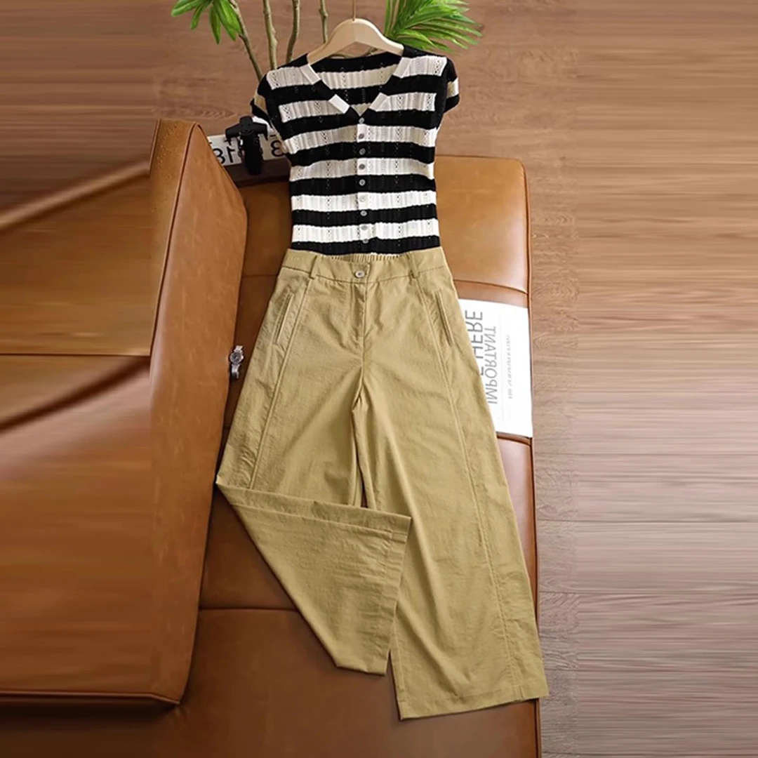 超火夏装一整套轻奢高级感减龄洋气时尚条纹上衣阔腿裤两件套休闲