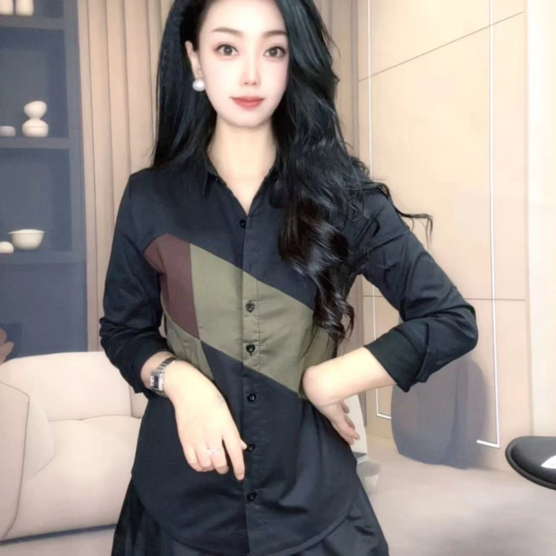 K5085(加绒保暖)新款时尚百搭设计感简约质洋气拼接撞色翻领衬衫