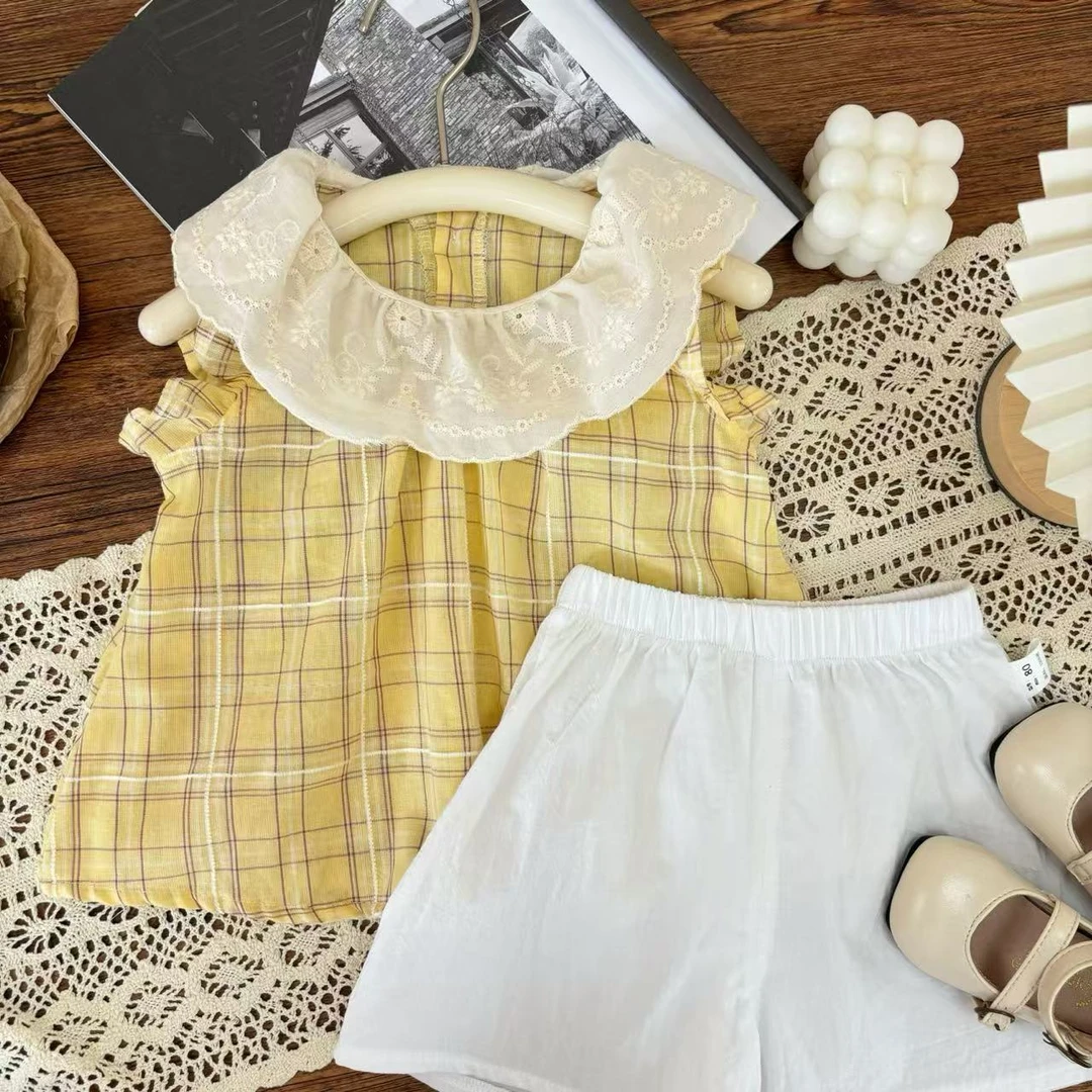 女小童2025花边领薄款黄色格子甜美套装夏季女童两件套SJ-R-B129