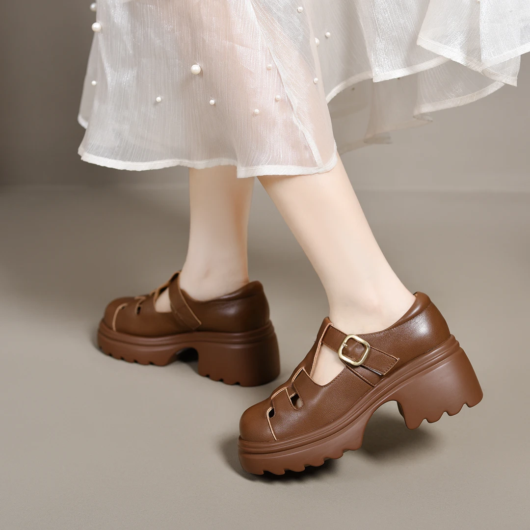 3717包头罗马凉鞋女款休闲时尚透气粗跟镂空复古厚底夏季百搭