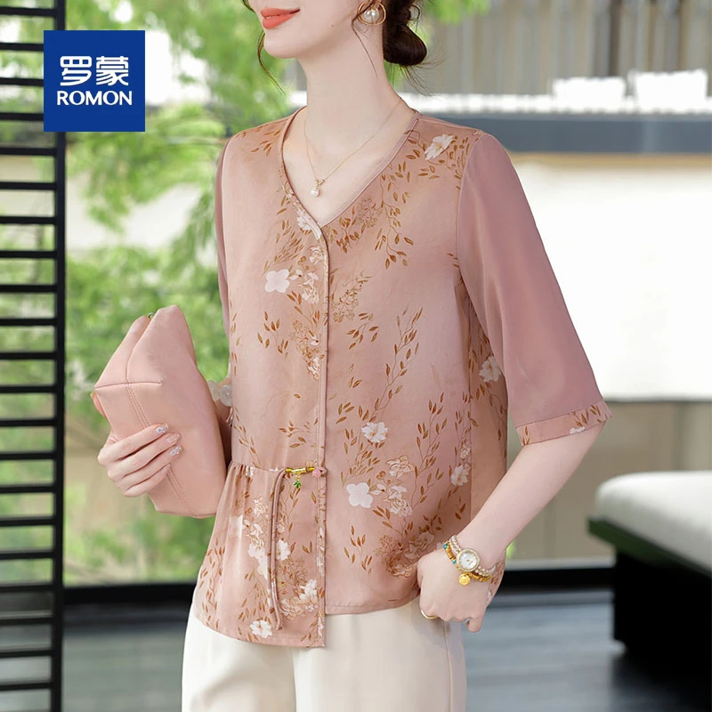 罗蒙年轻妈妈夏装雪纺小衫套装2025新款中老年女装阔太太中袖上衣